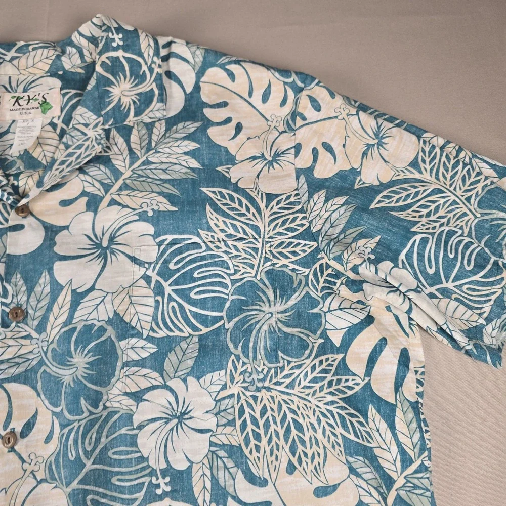VTG KY's Hawaiian Shirt Mens 2XL Teal Hibiscus Floral Cotton Camp Made in USA
